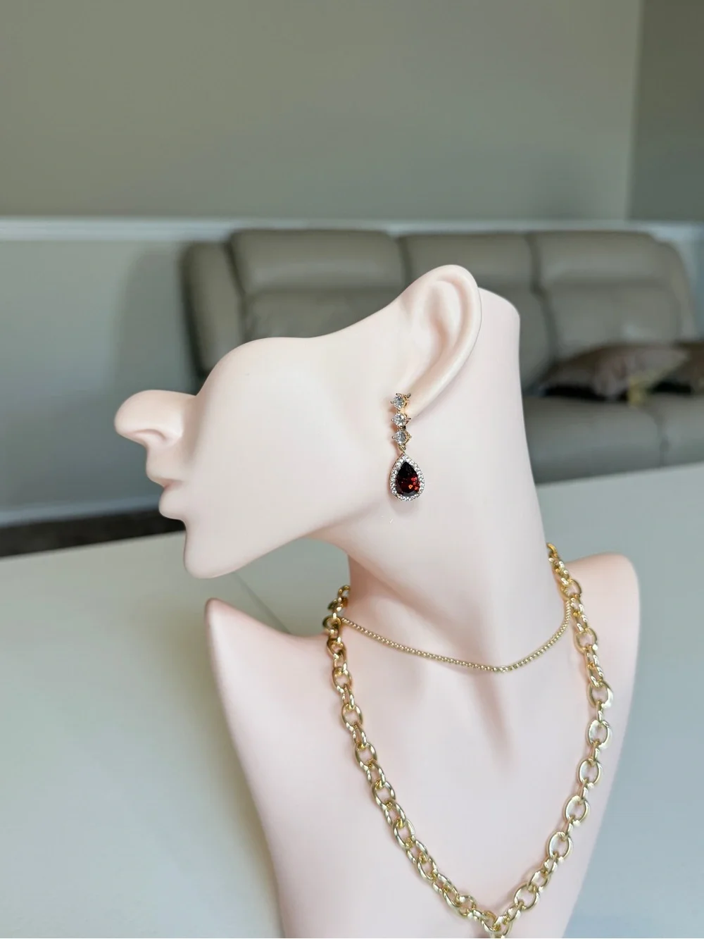 Gold Garnet Teardrop Drop Earrings with Zirconia